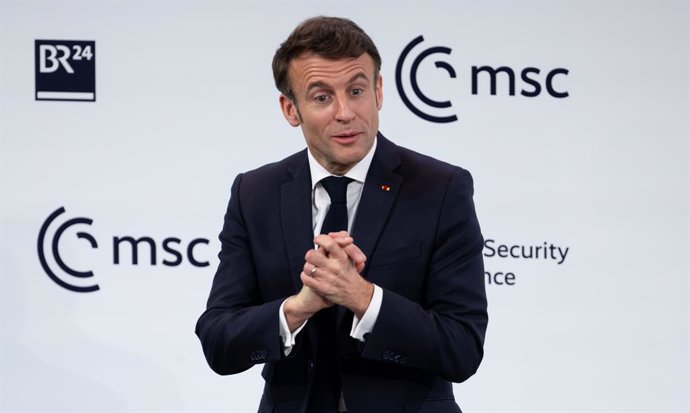 17 February 2023, Bavaria, Munich: President of France Emmanuel Macron speaks at the 59th Munich Security Conference (MSC), which will take place from 17 to 19 February 2023 at the Bayerischer Hof Hotel in Munich. Photo: Sven Hoppe/dpa