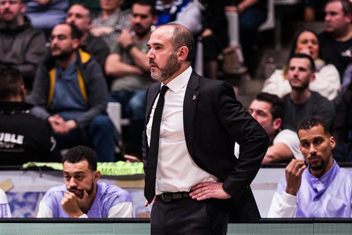 Chus Mateo, Head coach of of Real Madrid gestures during the ACB Copa del Rey Badalona '23 Semi Final match between Real Madrid and Unicaja  at Palau Olimpic de Badalona on February 18, 2023 in Badalona, Barcelona, Spain.