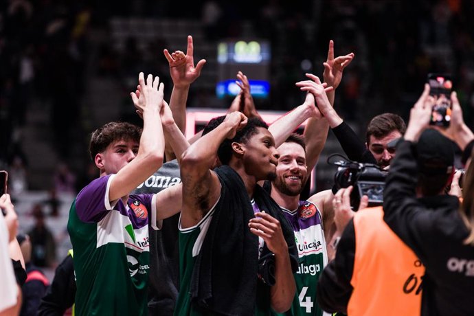 Tyson Carter of Unicaja celebrates the victory during the ACB Copa del Rey Badalona 23 Semi Final match between Real Madrid and Unicaja  at Palau Olimpic de Badalona on February 18, 2023 in Badalona, Barcelona, Spain.