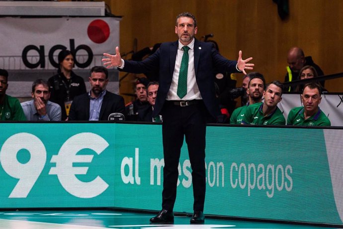Ibon Navarro, Head coach of Unicaja gestures during the ACB Copa del Rey Badalona '23 Semi Final match between Real Madrid and Unicaja  at Palau Olimpic de Badalona on February 18, 2023 in Badalona, Barcelona, Spain.