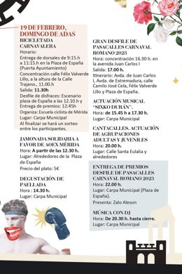 Cartel de actividades del Carnaval Romano de Mérida para el domingo, 19 de febrero de 2023.