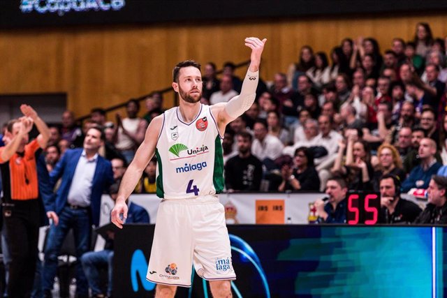 Tyler Kalinoski of Unicaja celebrating a basket during the ACB Copa del Rey Badalona 23 Final match between Lenovo Tenerife  and Unicaja  at Palau Olimpic de Badalona on February 19, 2023 in Badalona, Barcelona, Spain.