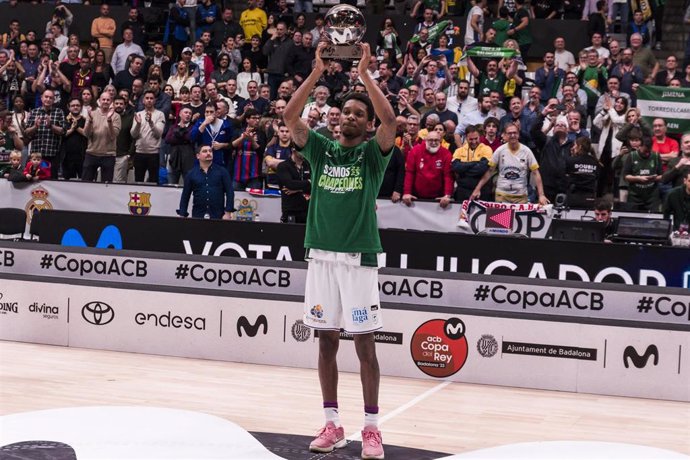 Tyson Carter of Unicaja map match during the ACB Copa del Rey Badalona 23 Final match between Lenovo Tenerife  and Unicaja  at Palau Olimpic de Badalona on February 19, 2023 in Badalona, Barcelona, Spain.