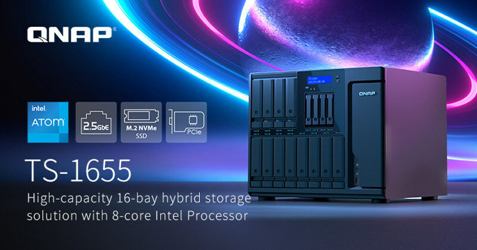 QNAP's TS-1655 2.5GbE hybrid storage features an 8-core Intel processor with Intel QuickAssist Technology, ideal for cross-team file sharing, collaboration, backup/restoration, and virtualization.