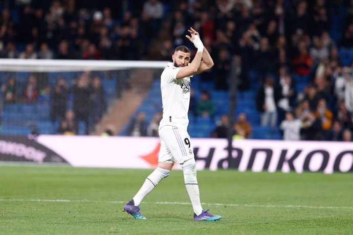Karim Benzema of Real Madrid saludates to the fans during the spanish league, La Liga Santander, football match played between Real Madrid and Elche CF at Santiago Bernabeu stadium on February 15, 2023, in Madrid, Spain.