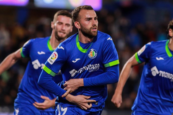 Borja Mayoral of Getafe celebrates a goal during the spanish league, La Liga Santander, football match played between Getafe CF and Valencia CF at Coliseum Alfonso Perez stadium on February 20, 2023, in Getafe, Madrid, Spain.