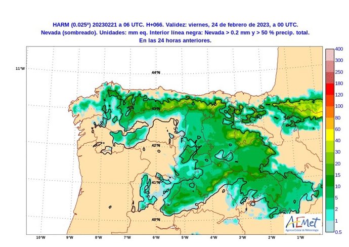 Mapa elaborado por la Aemet sobre el episodio invernal con nevadas que llegará a CyL en la noche del miércoles