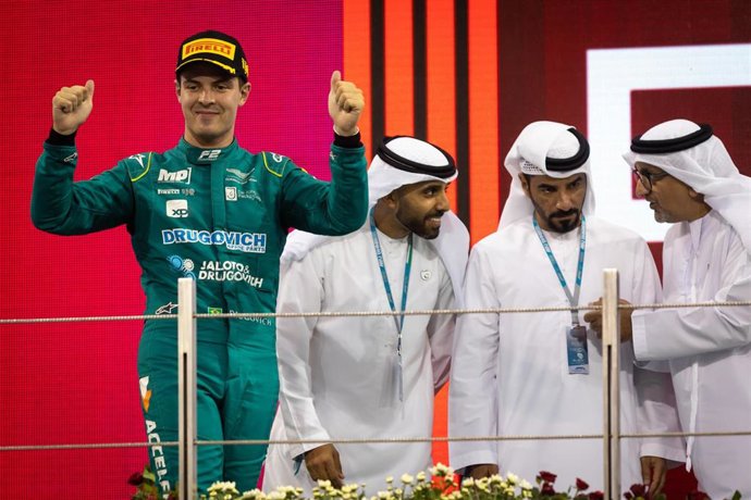 Archivo - El piloto brasileño Felipe Drugovich celebra una victoria en un Gran Premio del Mundial de Fórmula 2 de 2022