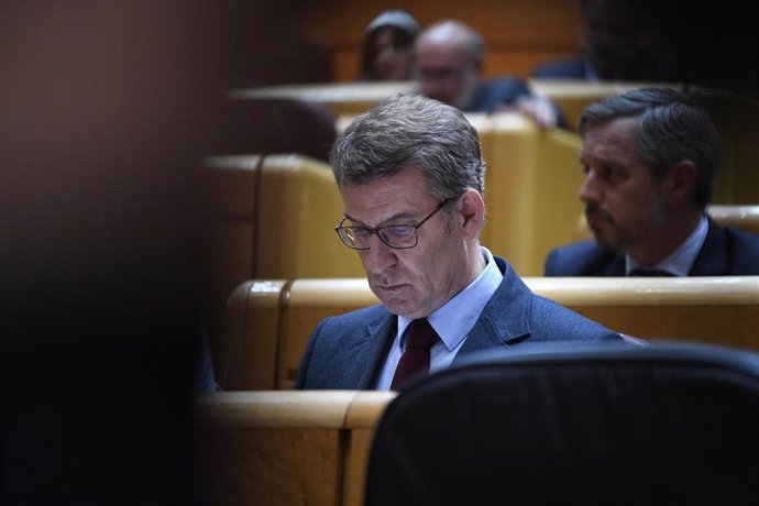 El líder del Partido Popular, Alberto Núñez Feijóo, durante una sesión de control al Gobierno en el Senado, a 21 de febrero de 2023, en Madrid (España). Durante la sesión, el PP ha aludido a la división que existe, según el PP, entre el PSOE y Unidas Po