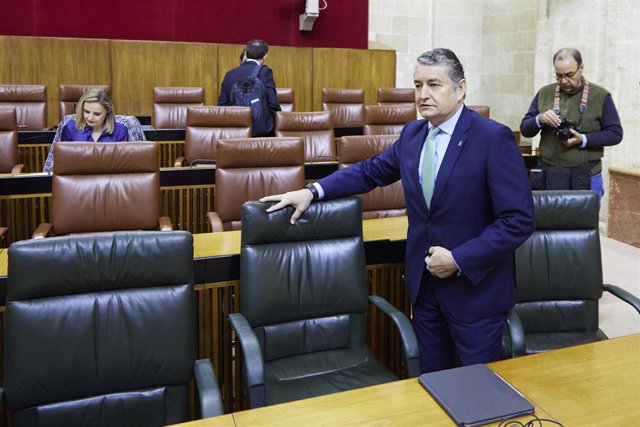 El consejero de Presidencia, Interior y Diálogo Social de la Junta de Andalucía, Antonio Sanz, durante la segunda jornada del Pleno del Parlamento andaluz en el Parlamento de Andalucía