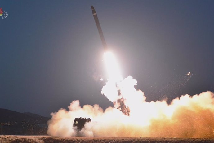 HANDOUT - 20 February 2023, ---: Aphoto captured from North Korea's official Korean Central Television shows a short-range ballistic missile launched toward the East Sea from the Sukchon area in South Pyongan Province of North Korea. The artillery unit