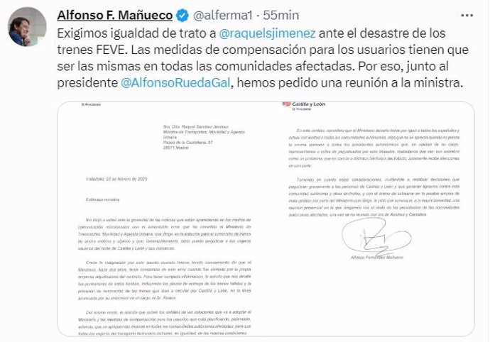 Mensaje en el que Alfonso Fernández Mañueco comparte la carta enviada a la Ministra de Transportes, Raquel Sánchez.
