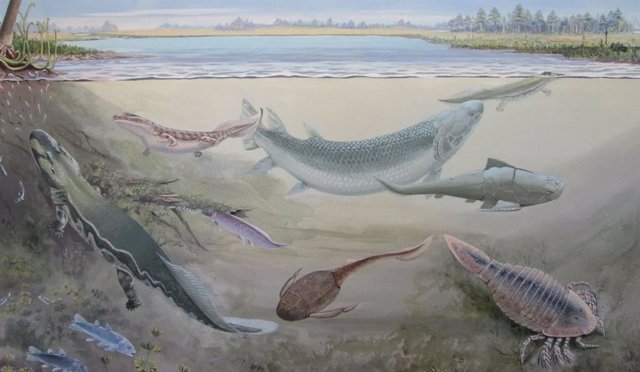 Interpretación artística de la vida marina descubierta en el yacimiento sudafricano de Waterloo Farm, incluido el pez gigante Hyneria udlezinye.