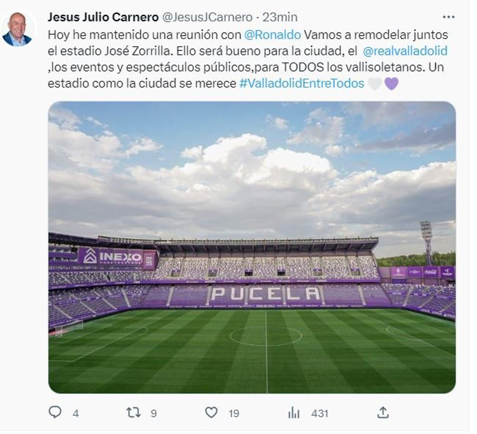 El candidato del PP a la Alcaldía de Valladolid informa sobre una reunión con el presidente del Real Valladolid, Ronaldo Nazario.