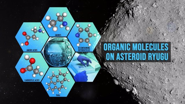 Esta imagen conceptual ilustra los tipos de moléculas orgánicas encontradas en la muestra del asteroide Ryugu recogida por la nave espacial japonesa Hayabusa2.