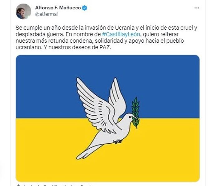 Captura del tuit publicado por Fernández Mañueco en apoyo al pueblo ucraniano
