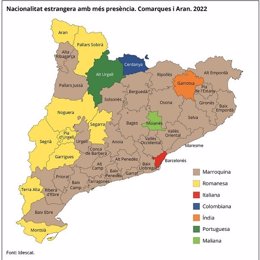 Mapa de las nacionalidades extranjeras con más presencia en las comarcas catalanas en 2022