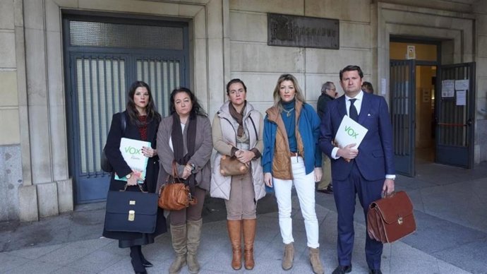 El vicesecretario jurídico de Vox, con las dirigentes de la formación en Valencina, a las puertas de los juzgados.