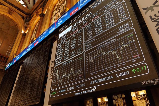 Un panel del Ibex 35 en el Palacio de la Bolsa, a 9 de febrero de 2023, en Madrid (España). El principal indicador de la Bolsa española, el Ibex 35, sube el 0,52% a media sesión, en una jornada marcada por la presentación de resultados empresariales, entr