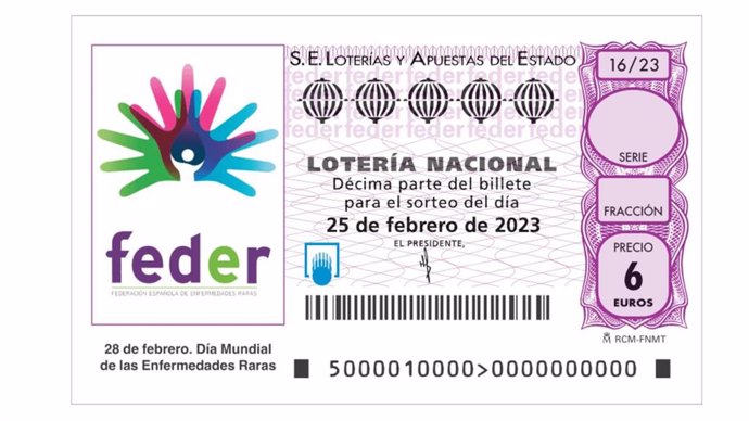Archivo - La Sociedad Estatal de Loterías y Apuestas del Estado (SELAE) dedica el décimo de Lotería Nacional de este sábado, 25 de febrero, a la Federación Española de Enfermedades Raras (FEDER).