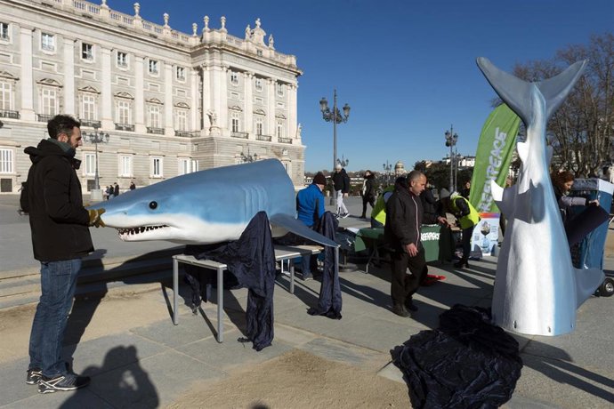 Voluntarios de Greenpeace en la Plaza de Oriente de Madrid.