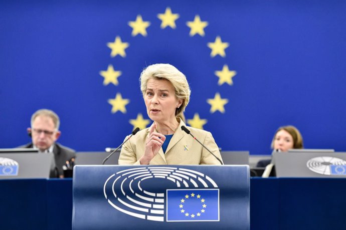 HANDOUT - 15 February 2023, France, Strasbourg: European Commission President Ursula von der Leyen speaks during a plenary session in the European Parliament. Photo: Eric Vidal/European Parliament/dpa - ATTENTION: editorial use only and only if the cred