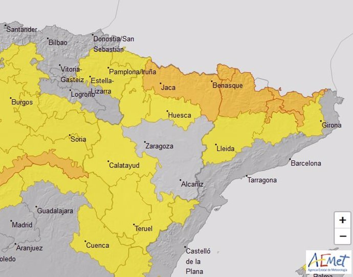 Aviso naranja por temperaturas mínimas en el Pirineo oscense y amarillo para otras zonas de Aragón para este lunes.