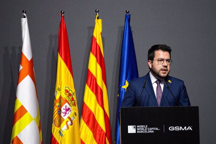 El president de la Generalitat de Catalunya, Pere Aragonés, intervé durant el sopar oficial de l'MWC Barcelona 2023, en el Museu Nacional d'Art de Catalunya (MNAC), a 26 de febrer de 2023, a Barcelona, Catalunya (Espanya). El Mobile World Congress (MWC 