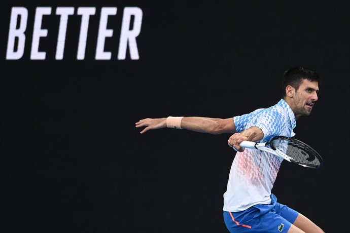 Novak Djokovic of Serbia in action during the Mens Singles Final against Stefanos Tsitsipas of Greece at the 2023 Australian Open tennis tournament at Melbourne Park in Melbourne, Sunday, January 29, 2023. (AAP Image/Joel Carrett) NO ARCHIVING, EDITORI