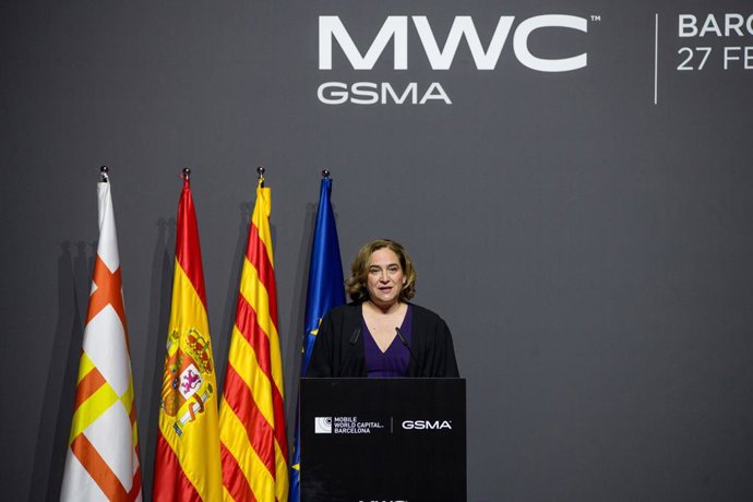 L'alcaldessa de Barcelona, Ada Colau, intervé durant el sopar oficial de l'MWC Barcelona 2023, en el Museu Nacional d'Art de Catalunya (MNAC), a 26 de febrer de 2023, a Barcelona, Catalunya (Espanya).