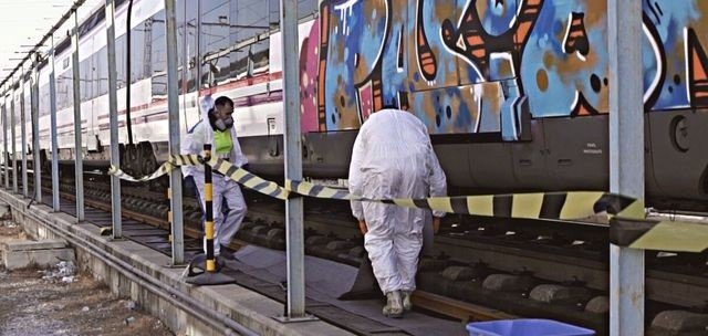 Operarios retirando graffitis de los trenes.