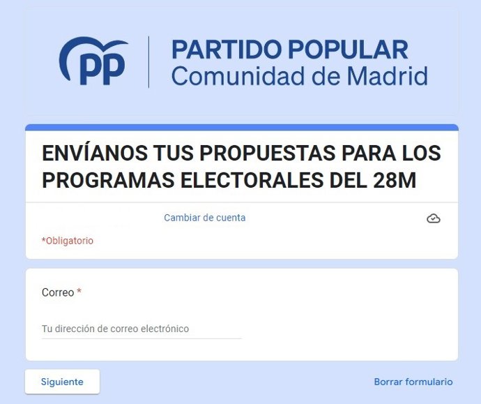 Formulario puesto en marcha por el PP de Madrid para propuestas de cara a los programas electorales del 28M.