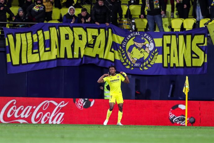 Samuel Chukwueze of Villarreal celebrates a goal during the Santander League match between Villareal CF and Getafe CF at the La Ceramica Stadium on February 27, 2023, in Castellon, Spain.