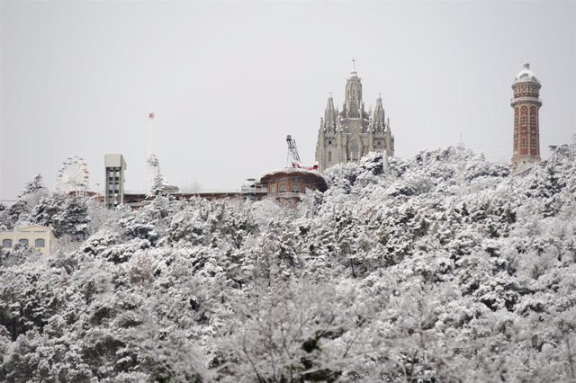 Vegetación cubierta de nieve en la Sierra de Collserola vista desde el Tibidabo, a 27 de febrero de 2023, en Barcelona, Catalunya (España). La borrasca Juliette ha dejado hoy nevadas en cotas bajas en el litoral y prelitoral de la costa central de Catalun