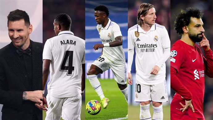 Los jugadores Lionel Messi, David Alaba, Vinicius Júnior, Luka Modric y Mohamed Salah.