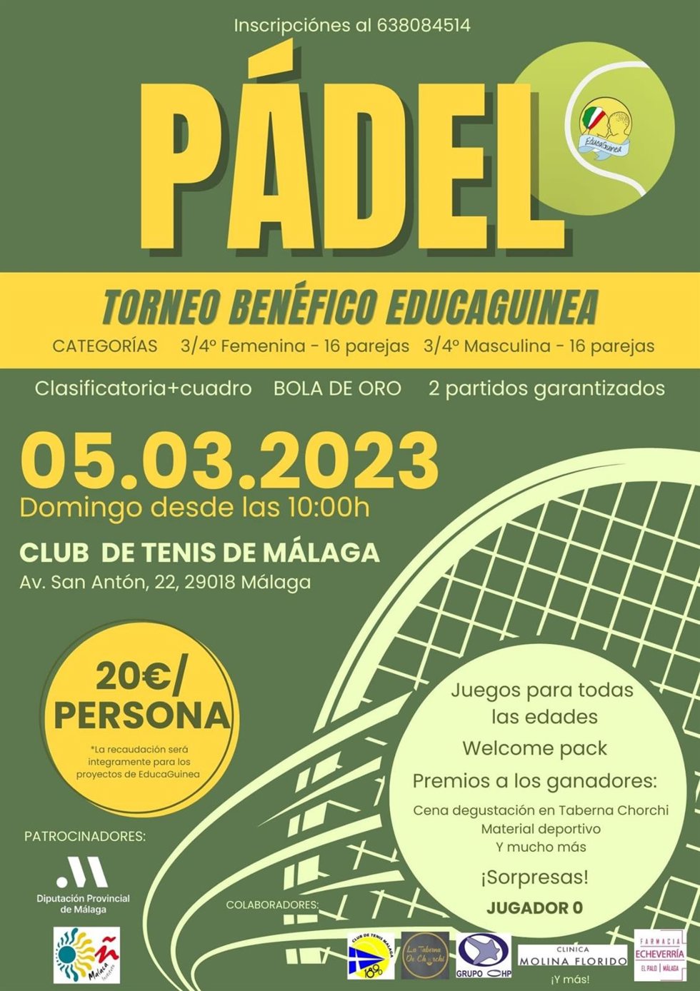 Educaguinea celebra el 5 de marzo un torneo de pádel benéfico para impulsar sus proyectos socioeducativos