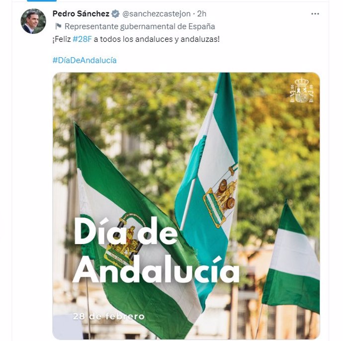 El presidente del Gobierno, Pedro Sánchez, felicita desde su cuenta de Twitter el día de Andalucía de 2023.