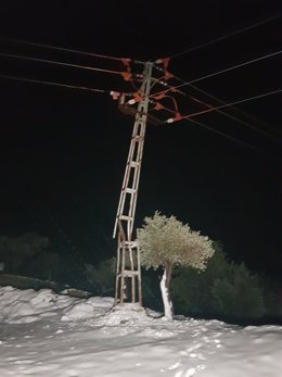 Torre de electricidad afectada por el temporal en una zona nevada.