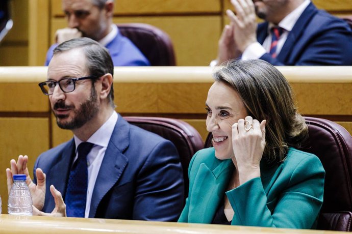 El portavoz del Partido Popular (PP) en el Senado, Javier Maroto, y la portavoz del PP en el Congreso, Cuca Gamarra, en un pleno del Senado, a 31 de enero de 2023, en Madrid (España). Esta comparecencia es la primera de este año que ha confrontado a Sán