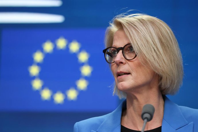 HANDOUT - 14 February 2023, Belgium, Brussels: Elisabeth Svantesson, Minister for Finance of Sweden, speaks during a press conference following EU Finance and Economy Ministers meetting. Photo: Francois Lenoir/EU Council/dpa - ATTENTION: editorial use o