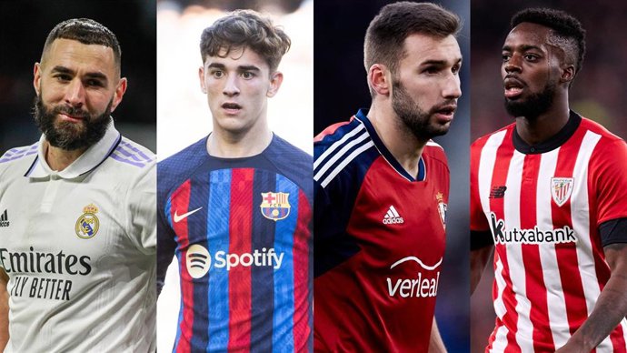 Los futbolistas Karim Benzema (Real Madrid), Gavi (FC Barcelona), Jon Moncayola (Osasuna) e Iñaki Williams (Athletic Club).