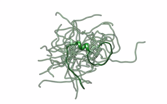 Conjunto de estructuras del fragmento prionoide de TDP-43 con modificaciones (en rojo)