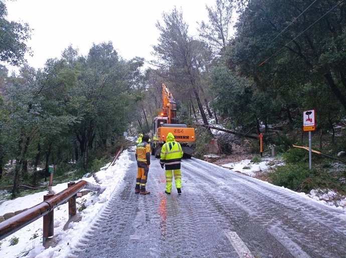 Efectivos del Ibanat retiran la nieve en una carretera de Mallorca