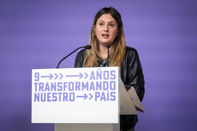 La coportavoz de Unidas Podemos en la Asamblea de Madrid y candidata a la Presidencia regional, Alejandra Jacinto, ofrece una rueda de prensa en la sede de Podemos, a 20 de febrero de 2023, en Madrid (España). 
