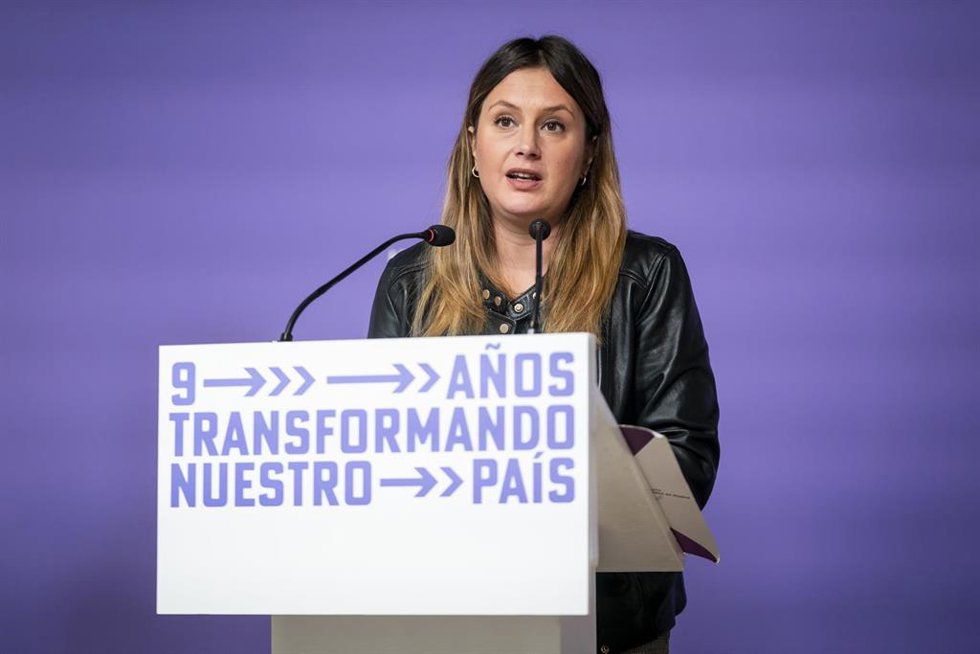 La coportavoz de Unidas Podemos en la Asamblea de Madrid y candidata a la Presidencia regional, Alejandra Jacinto, ofrece una rueda de prensa en la sede de Podemos, a 20 de febrero de 2023, en Madrid (España).