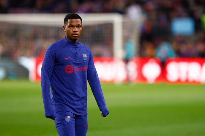 Ansu Fati of FC Barcelona looks on during the UEFA Europa League, knockout round play-off, football match played between FC Barcelona and Manchester United at Spotify Camp Nou stadium on February 16, 2023, in Barcelona, Spain.