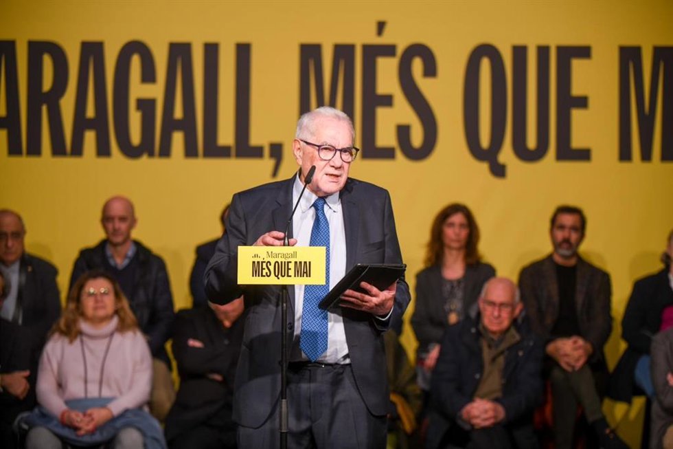 El candidato de ERC a la alcaldía de Barcelona, Ernest Maragall, durante su intervención en el acto de apoyo a su candidatura.