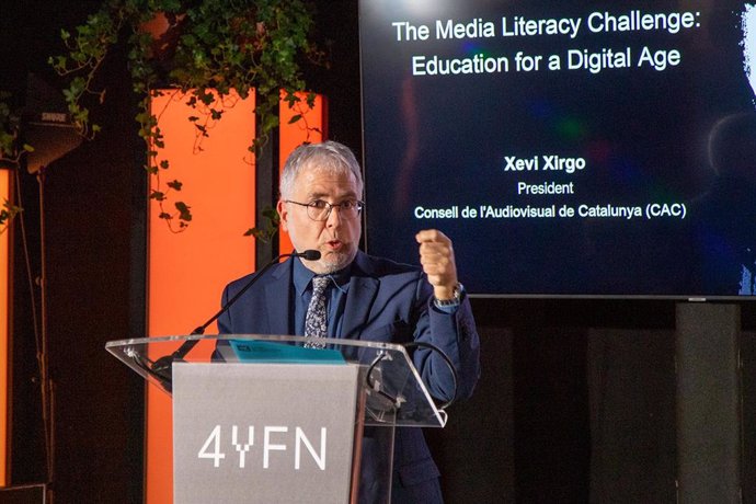 El presidente del CAC, Xevi Xirgo, durante su intervención en el MWC en el marco de la presentación de seis proyectos de educación en comunicación audiovisual