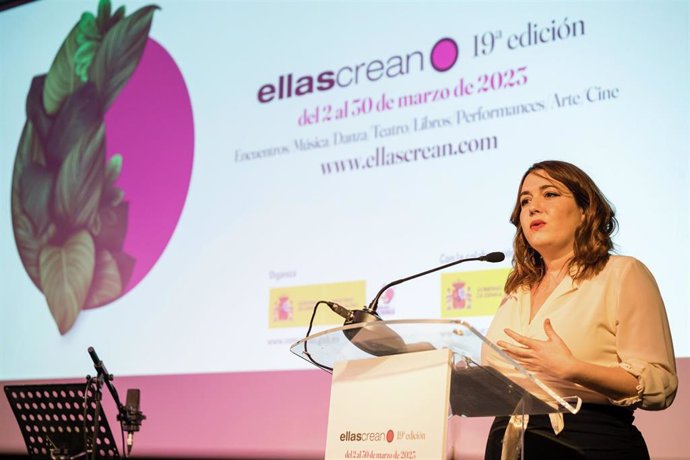 La secretaria de Estado de Igualdad y contra la violencia de género, Ángela Rodríguez Pam, interviene durante la presentación de la 19 edición del festival Ellas crean, en el Museo Nacional Centro de Arte Reina Sofía, a 2 de marzo de 2023, en Madrid 