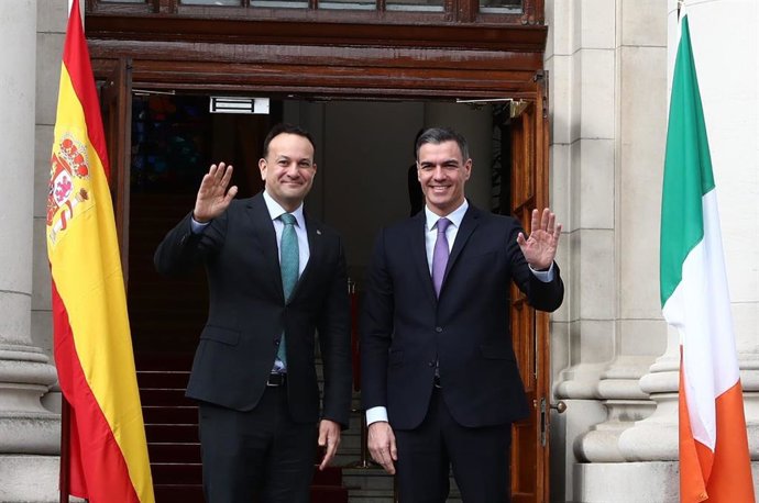El presidente del Gobierno, Pedro Sánchez, junto a su homólogo irlandés Leo Varadkar, durante su visita oficial a Dubín en la gira preparatoria de la Presidencia española de la Unión Europea.
